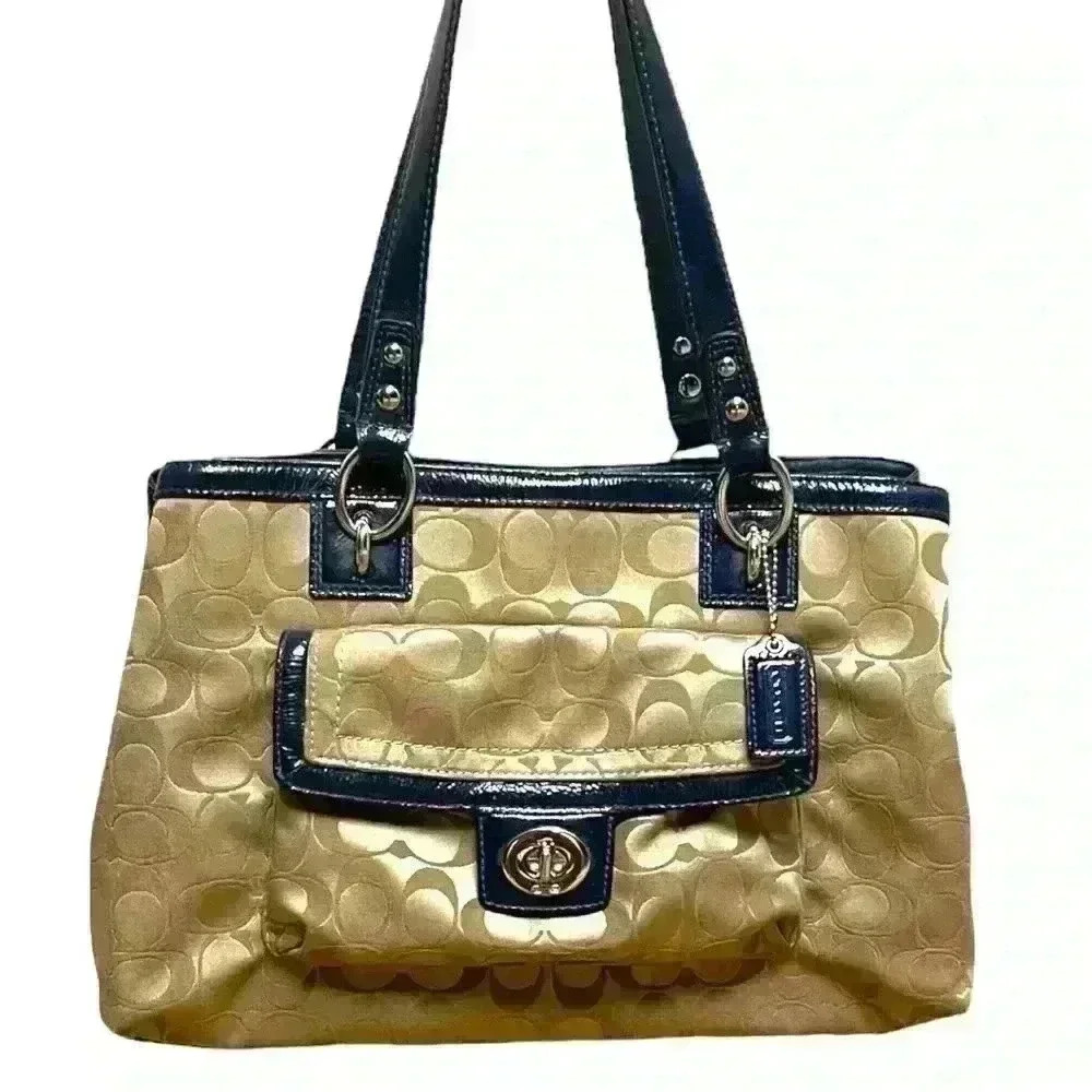 Coach Penelope Khaki with Blue Hand Bag. Pre-Loved. - Picture 1 of 8